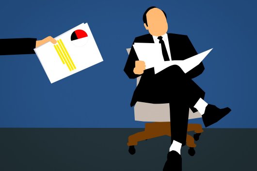 Illustration of a businessman analyzing documents.