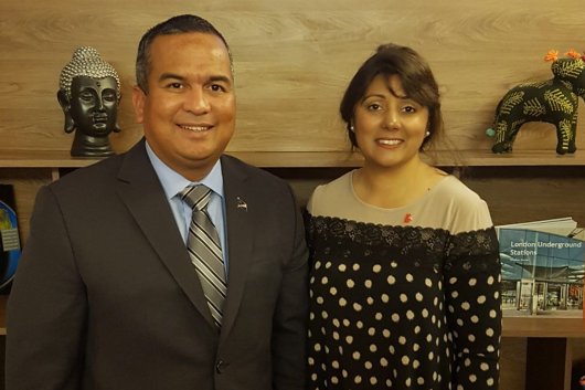 UK shipping minister Nusrat Ghani (right) meets with David Paul (left), environment minister from the Marshall Islands, on April 11, 2018.