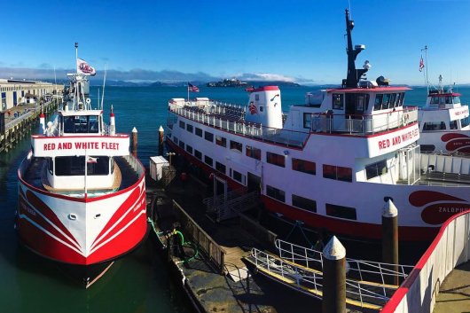 Red and White Fleet vessels pictured at Pier 43, San Francisco, on July 7, 2017.