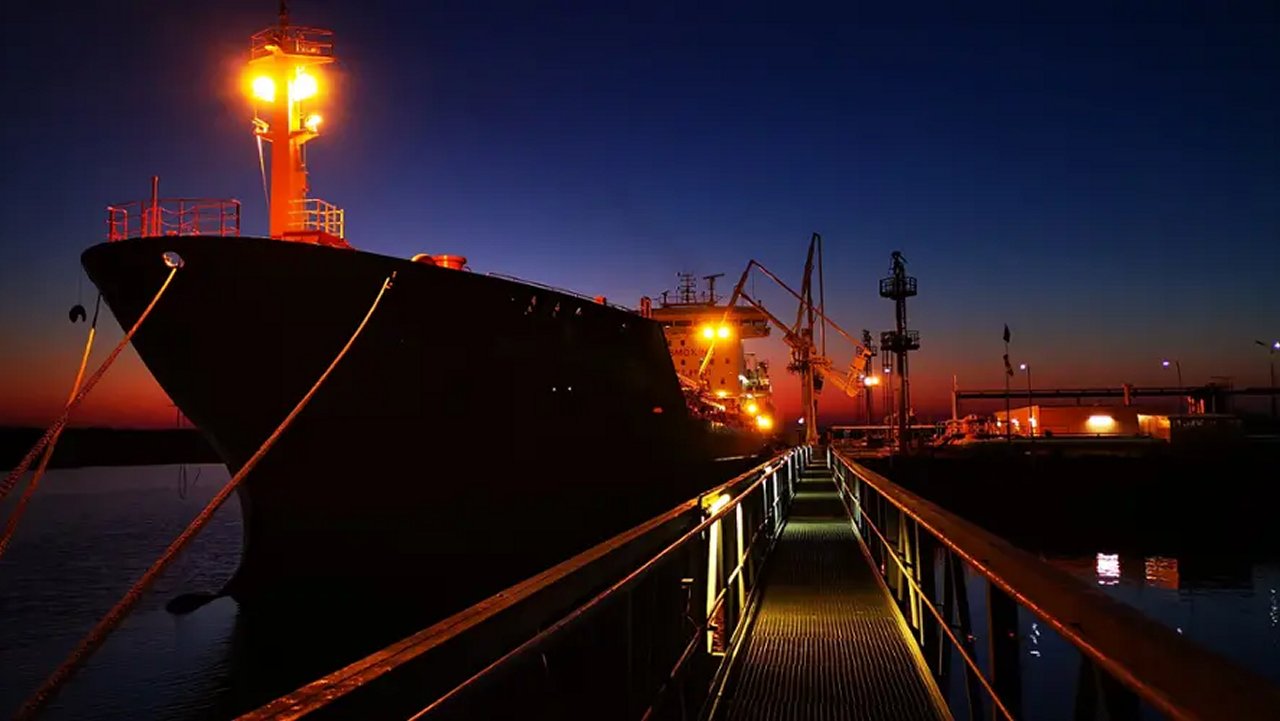 Moored vessel at night.